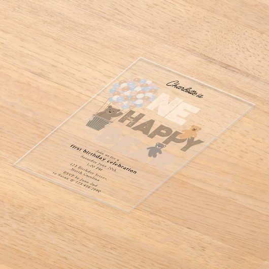 One Happy Bear Invite 1st First Birthday Cute Acryleinladungen (Ablage )