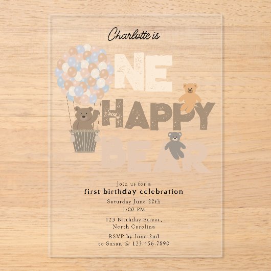 One Happy Bear Invite 1st First Birthday Cute Acryleinladungen (Vorderseite)