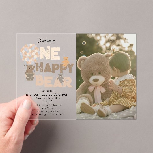 One Happy Bear Invite 1st First Birthday Photo Acryleinladungen (Insitu (Handheld))