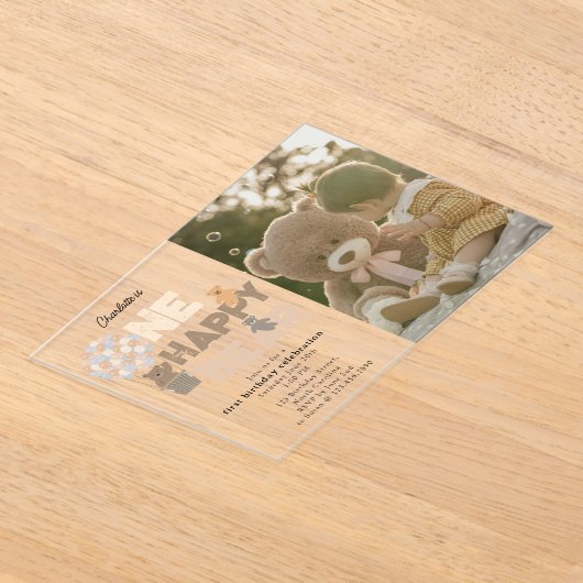 One Happy Bear Invite 1st First Birthday Photo Acryleinladungen (Ablage )