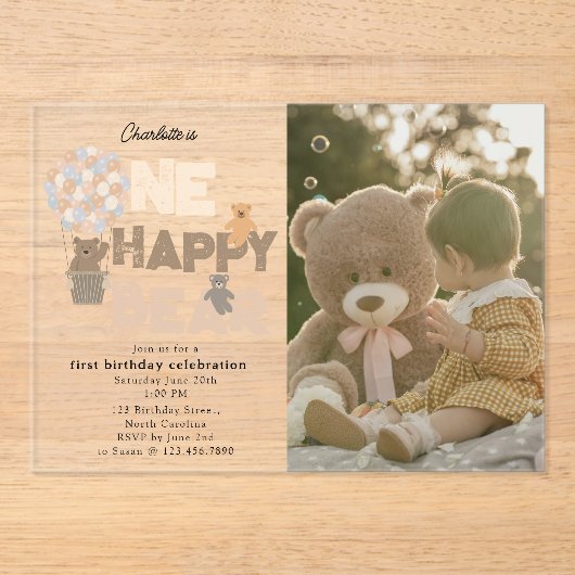 One Happy Bear Invite 1st First Birthday Photo Acryleinladungen (Vorderseite)