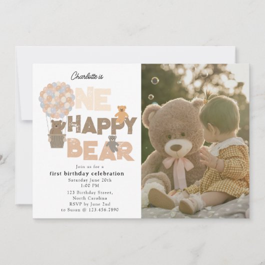 One Happy Bear Invite 1st First Birthday Photo Einladung (Vorderseite)