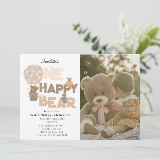 One Happy Bear Invite 1st First Birthday Photo Einladung (Stehend Vorderseite)
