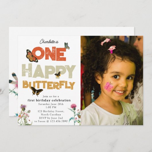 One Happy Butterfly 1st Wildflower Birthday Photo Einladung (Vorne/Hinten)