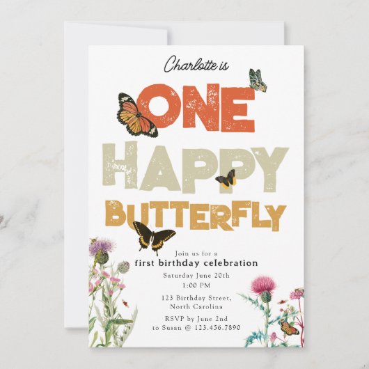 One Happy Butterfly Invite 1st Wildflower Birthday Einladung (Vorderseite)