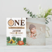 One Happy Camper 1. Geburtstag Foto Einladung (Stehend Vorderseite)