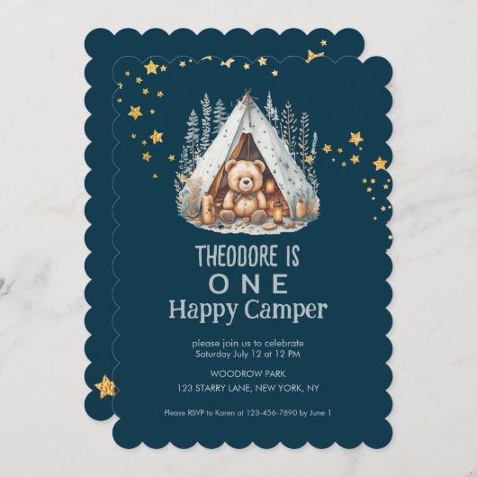 One Happy Camper Bär Geburtstag Einladung (Vorne/Hinten)