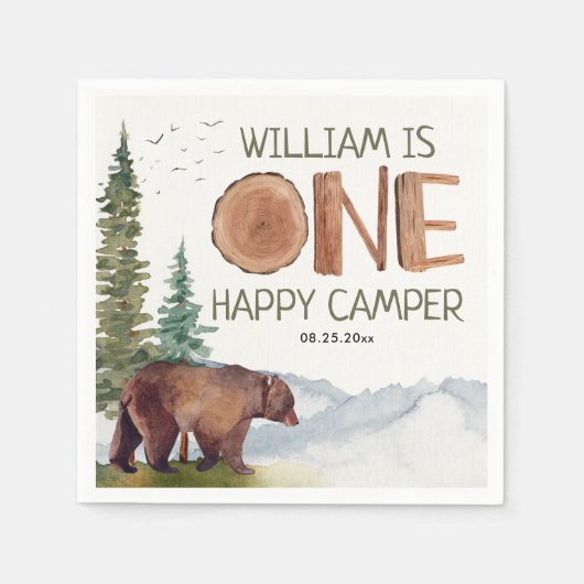 One Happy Camper Bär Geburtstag Serviette (Vorderseite)