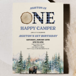 ONE Happy Camper Bear Blue 1. Geburtstag Party Einladung