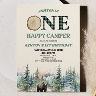 ONE Happy Camper Bear Green 1. Geburtstag Party Einladung