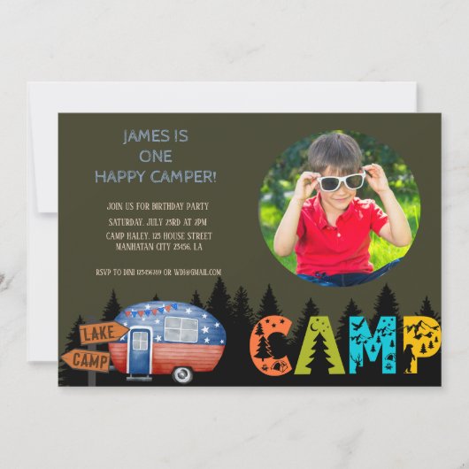 One Happy Camper Birthday Kids Foto Einladung (Vorderseite)