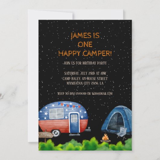 One Happy Camper Birthday Kids Night Sky Einladung (Vorderseite)