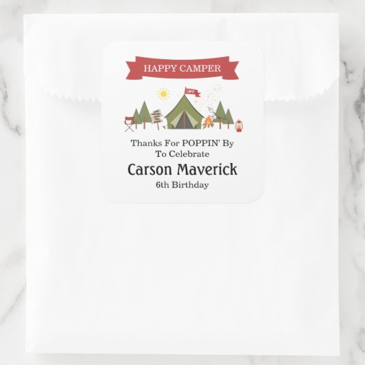 One Happy Camper Boys Birthday Quadratischer Aufkleber (Tasche)