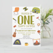 One Happy Camper Camping 1st First Birthday Party Einladung (Stehend Vorderseite)