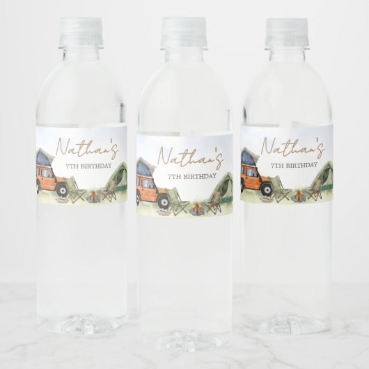 One Happy Camper Camping Boy Birthday Wasserflaschenetikett (Flaschen)