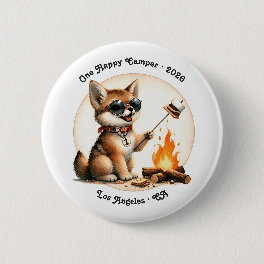 One Happy Camper Coyote Camping 1. Geburtstag Button (Vorderseite)