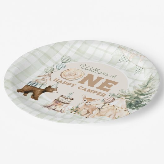 One Happy Camper Erster Geburtstag Pappteller (Schrägansicht)