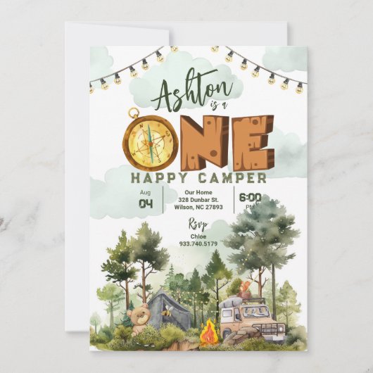 One Happy Camper First Birthday Invitation Einladung (Vorderseite)
