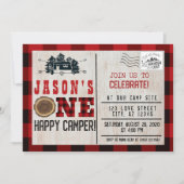 One Happy Camper Flannel Kariert 1. Geburtstag Einladung (Vorderseite)