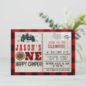 One Happy Camper Flannel Kariert 1. Geburtstag Einladung (Stehend Vorderseite)