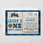 One Happy Camper Flannel Kariert 1. Geburtstag Einladung (Vorderseite)