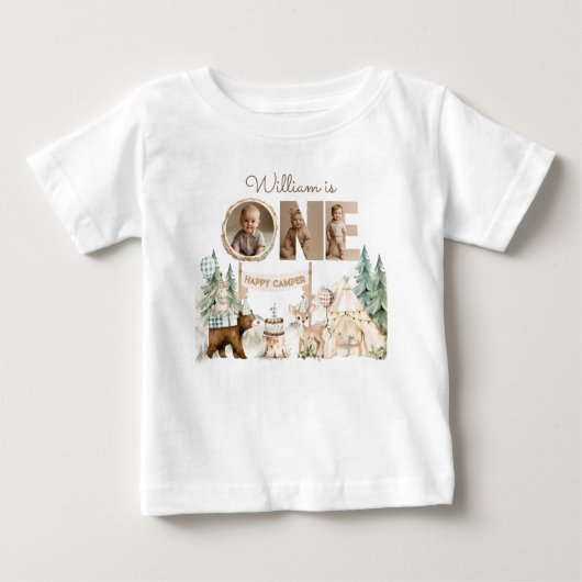 One Happy Camper Foto zum ersten Geburtstag Baby T-shirt (Vorderseite)