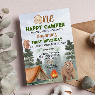 One Happy Camper Geburtstagseinladung Waldbär Einladung
