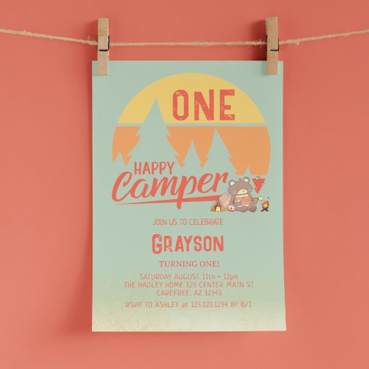 One Happy Camper Green zum Geburtstag Einladung