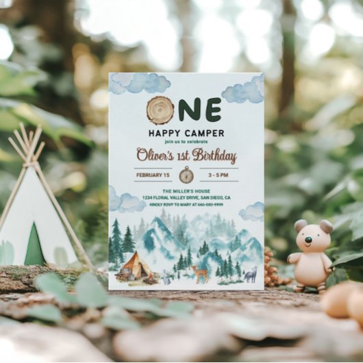 One Happy Camper Mountain Forest 1. Geburtstag Einladung