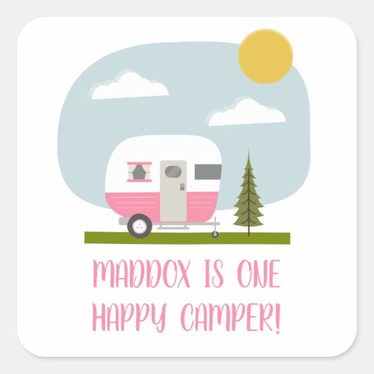 One Happy Camper Pink Trailer Geburtstag Quadratischer Aufkleber (Vorderseite)