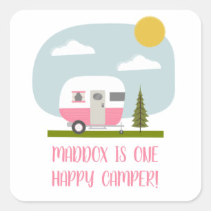 One Happy Camper Pink Trailer Geburtstag Quadratischer Aufkleber