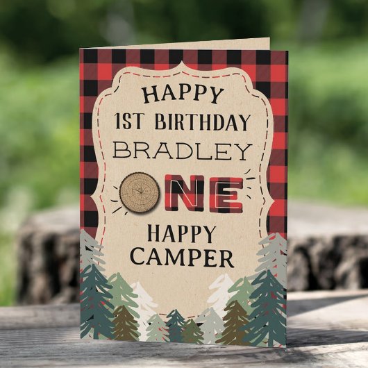 One Happy Camper Plaid Forest 1st Birthday Karte