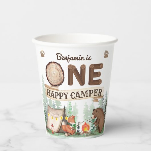 One Happy Camper Rustic Birthday Paper Cups Pappbecher (Vorderseite)