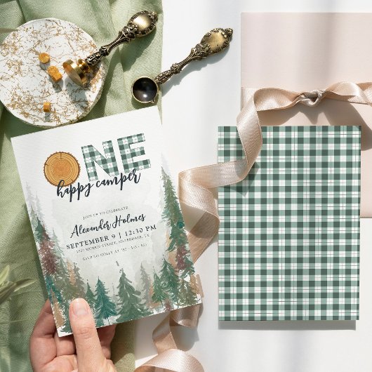 One Happy Camper Sage Green 1. Geburtstag Einladung