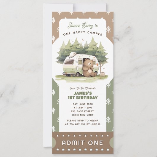 One Happy Camper Ticket Admit One Einladung (Vorderseite)
