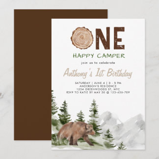 One Happy Camper Watercolor Bär 1. Geburtstag Jung Einladung