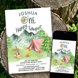 One Happy Camper Watercolor Jungen 1. Geburtstag Einladung