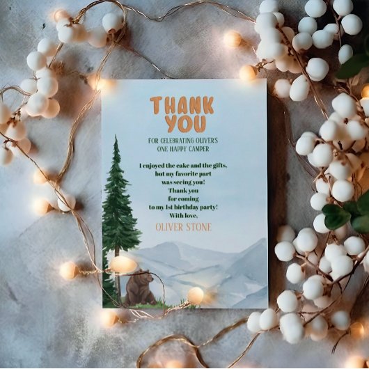 One Happy Camper Wood Boys 1. Geburtstag Dankeskarte