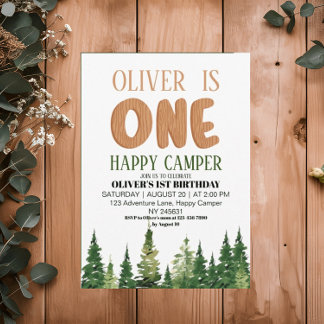 One Happy Camper Wood Boys 1. Geburtstag Einladung