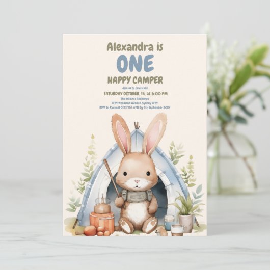 One Happy Camper Woodland Rabbit Boys 1. Geburtsta Einladung (Stehend Vorderseite)