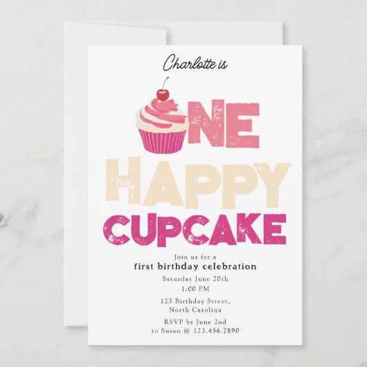 One Happy Cupcake Invite 1st First Birthday Cute Einladung (Vorderseite)