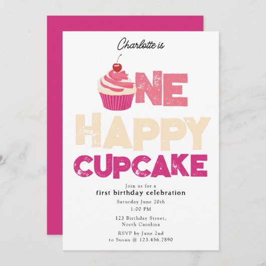 One Happy Cupcake Invite 1st First Birthday Cute Einladung (Vorne/Hinten)