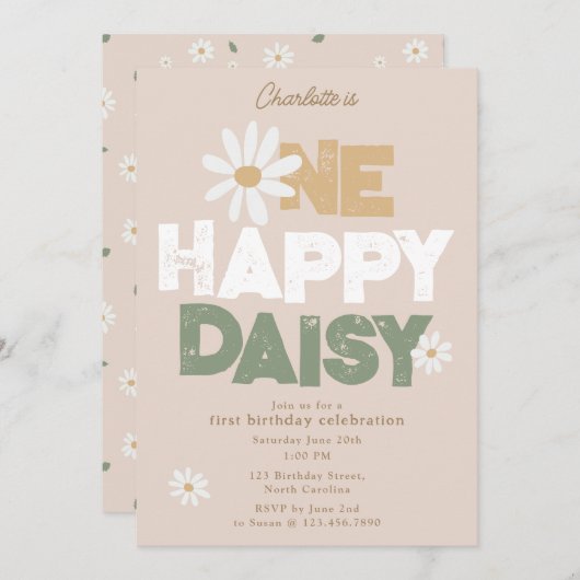 One Happy Daisy Invite 1st First Birthday Cute Einladung (Vorne/Hinten)