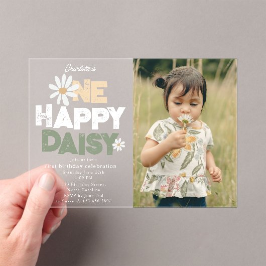 One Happy Daisy Invite 1st First Birthday Photo Acryleinladungen (Insitu (Handheld))