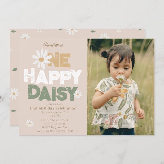 One Happy Daisy Invite 1st First Birthday Photo Einladung (Vorne/Hinten)