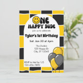 One Happy Dude, Black & Yellow 1st Birthday Einladung (Stehend Vorderseite)