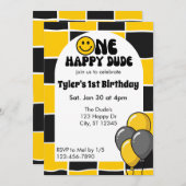 One Happy Dude, Black & Yellow 1st Birthday Einladung (Vorne/Hinten)