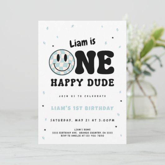 One Happy Dude Checkered Einladung (Stehend Vorderseite)
