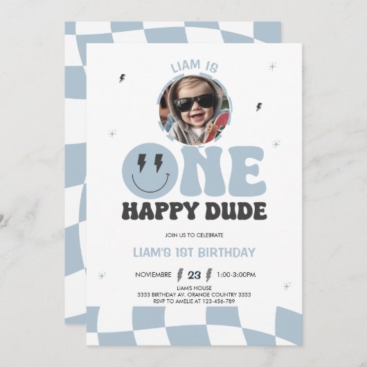 ONE HAPPY DUDE INVITATION, 1ST BIRTHDAY INVITATION EINLADUNG (Vorne/Hinten)