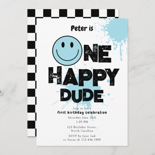 One Happy Dude Invite 1st First Birthday Boy Blue Einladung (Vorne/Hinten)